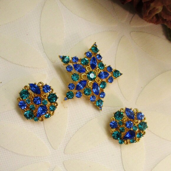 Vintage MJENT Star and Moon Rhinestone Gold Plate Brooch Earrings Designer Set - Picture 11 of 14